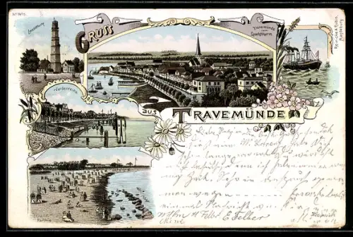 Lithographie Travemünde, Gesamtansicht, Strandpartie & Vorderreihe
