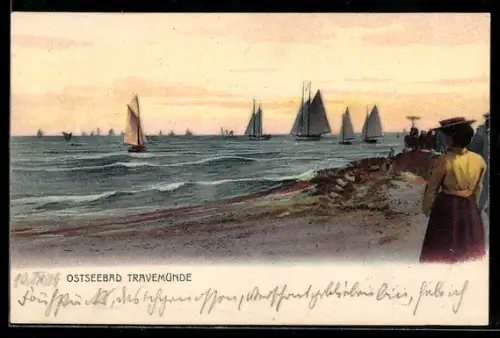 AK Travemünde a.d. Ostsee, Segelschiffe vom Strand gesehen