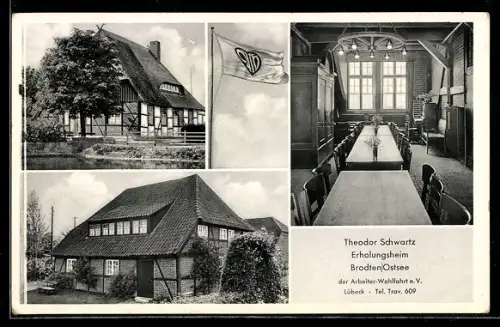AK Brodten /Ostsee, Erholungsheim Theodor Schwartz der AWO Lübeck, Gebäude, Speisesaal, Fahne