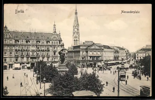 AK Berlin, Alexanderplatz, Grand Hotel, Kirche, Strassenbahn