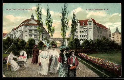 AK Berlin-Schöneberg, Bayrischer Platz, Wohnhäuser, Parkanlage, Spaziergänger