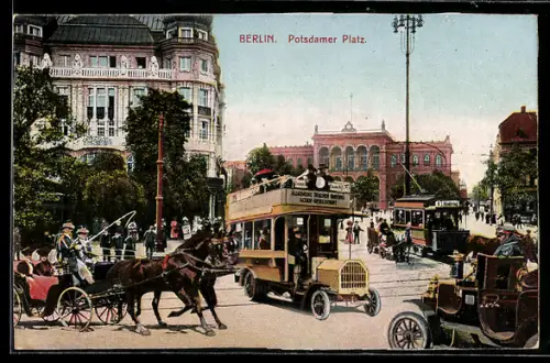 AK Berlin-Tiergarten, Potsdamer Platz, Strassenbahn, Pferdekutsche, Automobil
