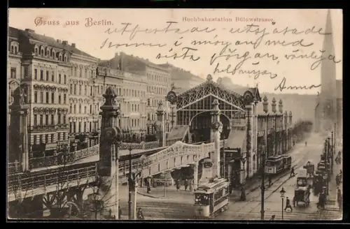 AK Berlin-Schöneberg, Hochbahnstation Bülowstrasse, Strassenszene, Strassenbahn
