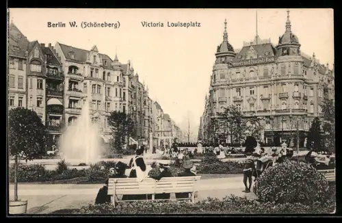 AK Berlin-Schöneberg, Victoria Louiseplatz, Brunnen, Geschäftshaus
