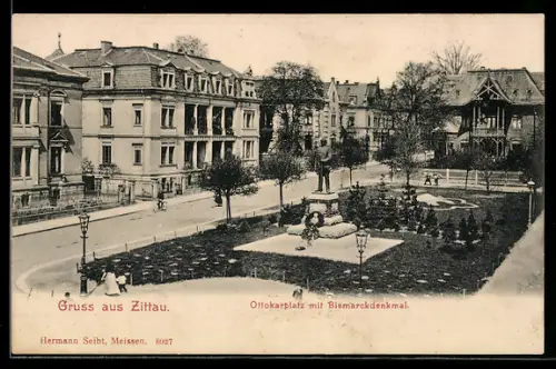 AK Zittau, Strasse am Ottokarplatz mit Bismarckdenkmal