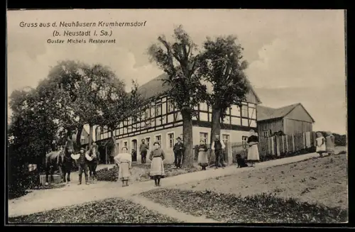 AK Krumhermsdorf b. Neustadt, Gruss aus den Neuhäusern, Gustav Michels Restaurant