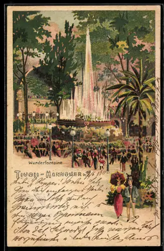 Lithographie Hannover, Gasthaus Tivoli, Wunderfontaine, Neujahrsgruss