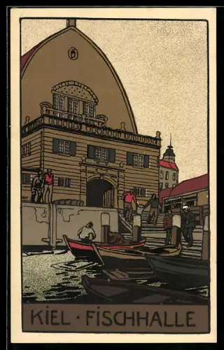 Steindruck-AK Kiel, die Fischhalle