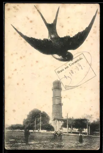 Schwalben-AK Travemünde, Schwalbe mit Zettel im Schnalbel, Leuchtturm