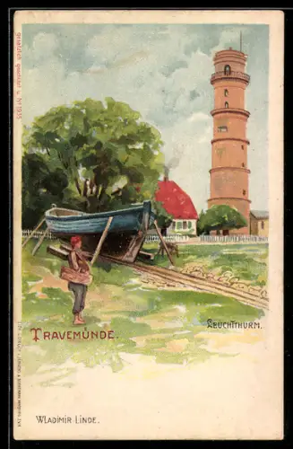 Künstler-AK Wladimir Linde: Travemünde, Partie am Leuchtturm