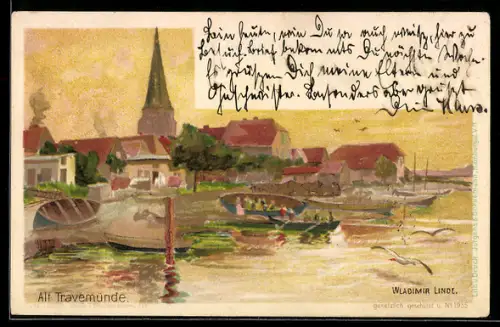 Künstler-AK Wladimir Linde: Travemünde, Ruderboote an der Bootsanlegestelle, Blick zum Kirchturm