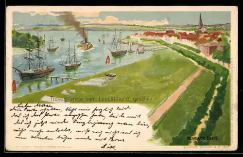 Künstler-AK Wladimir Linde: Travemünde, Blick vom Leuchtturm auf den Kanal