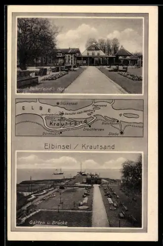 AK Krautsand, Buhrfeind's Hotel, Garten & Brücke