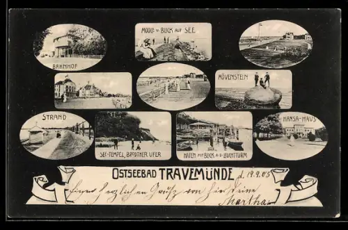 AK Travemünde, Ostseebad, See-Tempel am Brodtner Ufer, Hansa-Haus, Bahnhof