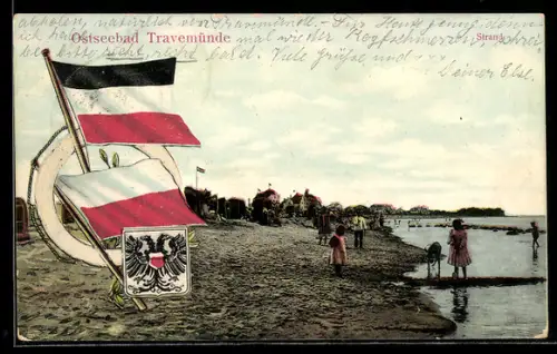 Grusskarten-AK Travemünde, Stranpartie mit Reichsflagge und Wappen