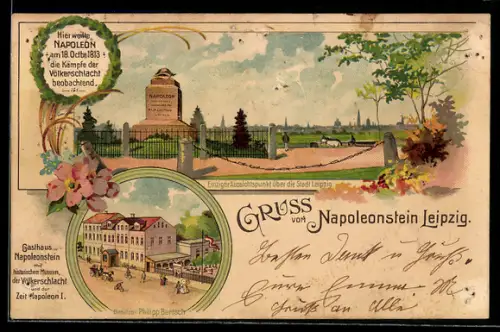 Lithographie Leipzig, Blick auf den Napoleonstrin, Gasthaus Napoleonstein