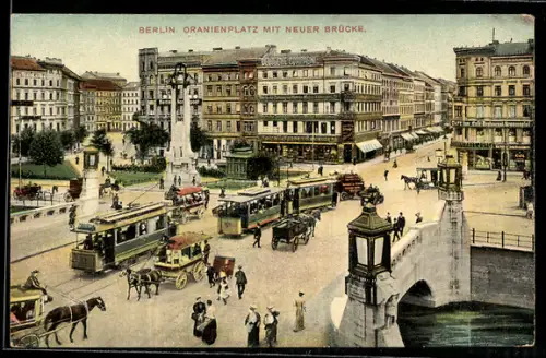 AK Berlin-Kreuzberg, Blick auf den Oranienplatz mit Neuer Brücke, Strassenbahn