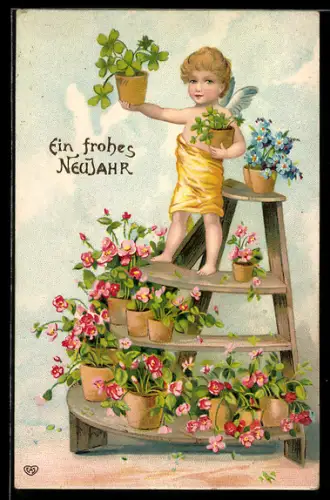 AK Neujahrsengel mit Töpfen voller Klee, Rosen und Vergissmeinnicht