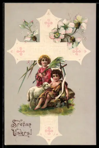 AK Kinder mit einem Lamm und Kreuz, Ostergruss