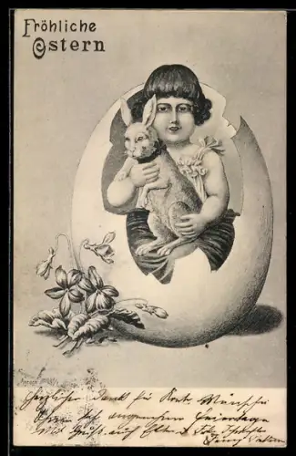 AK Osterhase in einem Ei mit Kind