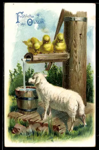 AK Fröhliche Ostern, Osterküken sitzen auf einem Brunnen, Osterlamm