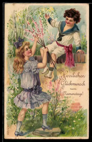 AK Zwei Kinder mit Blumen, Namenstagsgruss