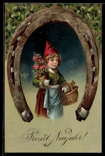 AK Mädchen mit Korb und Blumen wird von einem Hufeisen eingerahmt, Prosit Neujahr!