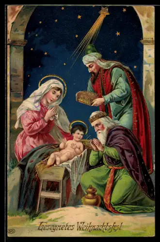 AK Krippenszene mit Maria Immaculata und Jesuskind, Weihnachtsgruss