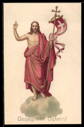 AK Jesus Christus auf einer Wolke mit Banner, Ostergruss