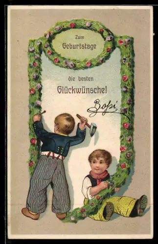 AK Kinder nageln Blumengirlande an eine Wand, Geburtstagsgruss