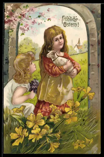 Lithographie Fröhliche Ostern, Kinder mit Lamm und Narzissen