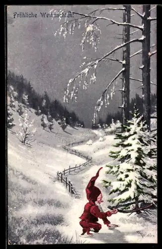 AK Zwerg in einer verschneiten Waldpartie, Weihnachtsgruss