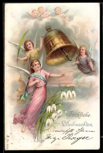 Lithographie Weihnachtsengel mit Glocke