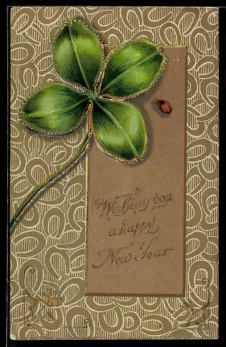 AK Kleeblatt und Marienkäfer, Neujahrsgruss