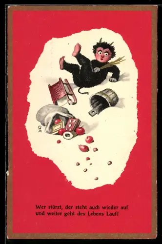 AK Krampus stürzt in den Schnee, Wer stürzt, der steht auch wieder auf und weiter geht des Lebens lauf