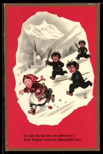 AK drei Krampi verfolgen ein flüchtendes Mädchen durch den Schnee