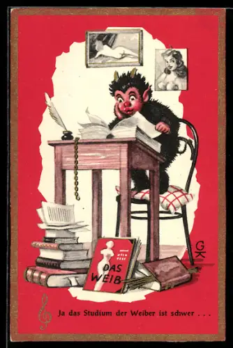 AK Krampus mit Pin-Ups, Ja das Studium der Weiber ist schwer...
