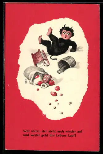 AK Krampus stürzt in den Schnee, Wer stürzt, der steht auch wieder auf und weiter geht des Lebens lauf
