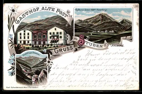 Lithographie Stuben, Gasthaus alte Post, Ortsansicht