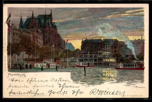 Künstler-AK Heinrich Kley: Hamburg, Boote an den Landungsstellen um 1900