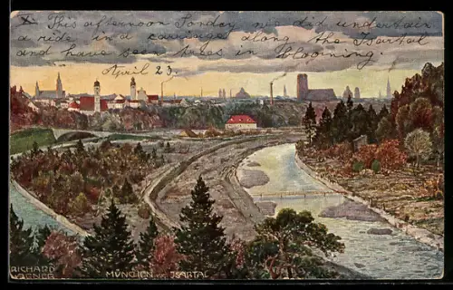 Künstler-AK Richard Wagner: München, Blick über die Stadt vom Isartal