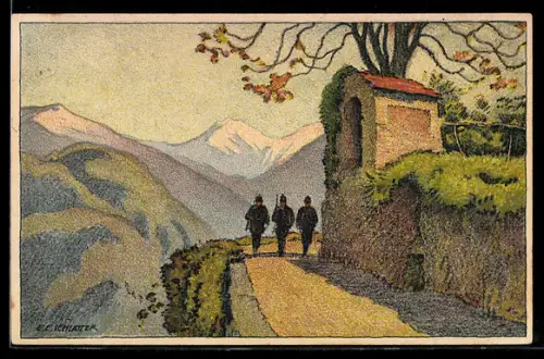 Künstler-AK Ernst E.Schlatter: Schweiz. Nationalspende für unsere Soldaten, Karte Nr.5, Patrouille im Tessin