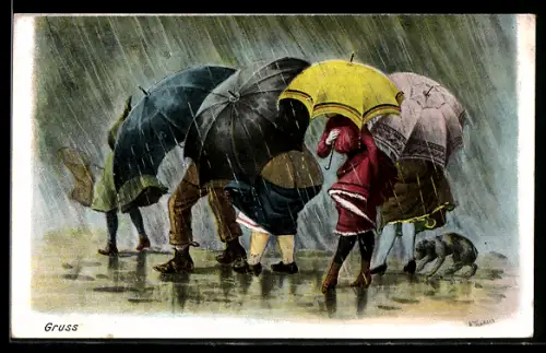 Künstler-AK Leute mit Schirmen stehen im Regen