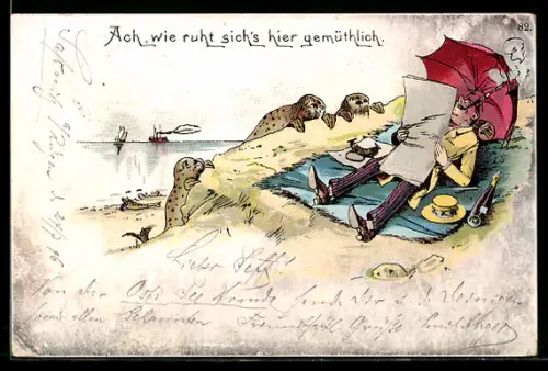 Lithographie Robben klettern zu einem Ruhenden am Strand