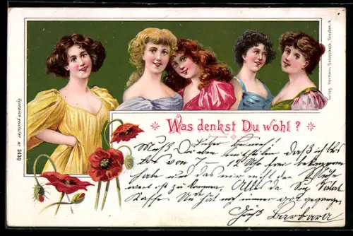 Lithographie Fräuleins mit verschiedenen Haarfarben und Mohnblüten
