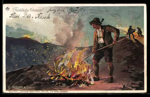 Künstler-Lithographie E. Döcker: Fröhliche Ostern!, Osterfeuer