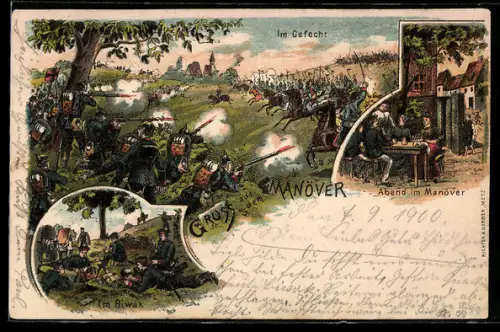 Lithographie Manöver, Im Gefecht, Abend im Manöver, Im Biwak