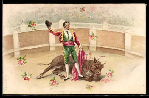 Lithographie Matador und besiegter Stier, Torero, Corrido, Stierkampf
