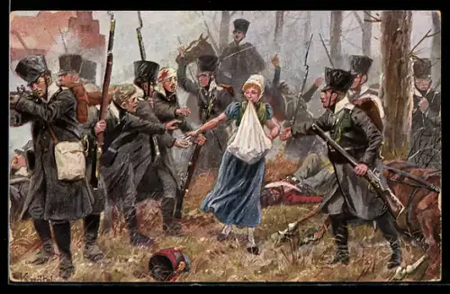 Künstler-AK Richard Knoetel: Johanna Stegen versorgt deutsche Soldaten mit Patronen, 2.4.1813