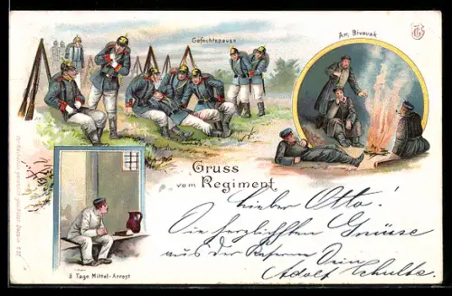 Lithographie Gruss vom Regiment, 3 Tage Mittel-Arrest, Gefechtspause, Am Bivouak, Manöverleben